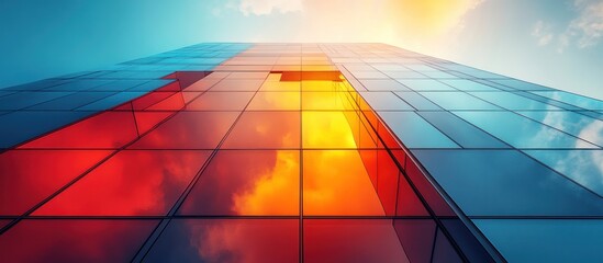 Obraz premium Modern skyscraper facade reflecting vibrant sunset