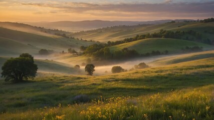 Obraz premium Rolling Hills Landscape with Morning Mist and Wildflowers at Sunrise