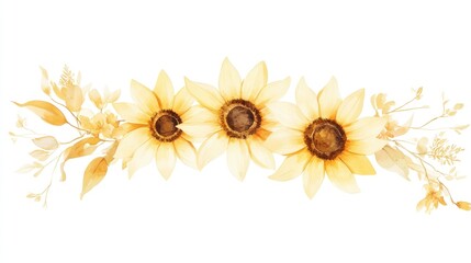 Naklejka premium Watercolor sunflower floral arrangement, decorative border, neutral color palette, seamless design