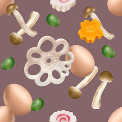 colorful pattern featuring mushrooms, eggs, and vegetables on brown background, creating vibrant and playful design