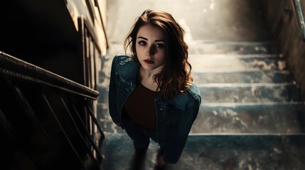 Fototapeta premium A woman stands on a set of stairs her gaze directed downward towards the The scene is illuminated by a dramatic cinematic lighting setup creating a moody and contemplative atmosphere