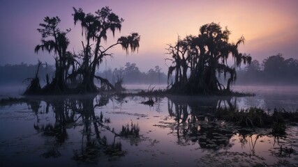 Naklejka premium Trees in Misty Swamp Reflecting Sunrise at Dawn Creates Eerie Scene