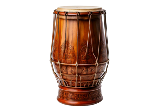Intricately designed wooden drum isolated on transparent or white background