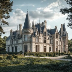 Fototapeta premium A large, old castle with a steeple and a large garden