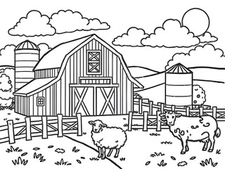 Coloring Page Farm Scene with Barn, Sheep, Silos, Clouds, Fence and Nature. Printable Countryside.