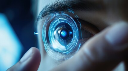 Cybernetic engineer testing a bionic eye prototype, ultra-modern research lab with augmented reality overlays, high-tech biomedical innovation