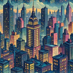Seamless Urban Nightscape City Skyline Digital Art Vibrant Colors Aerial Perspective Serenity