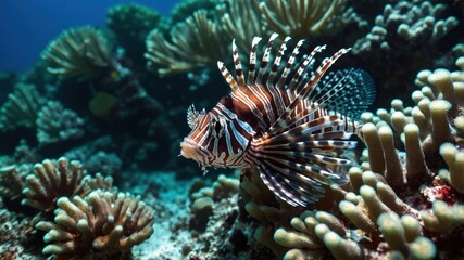 Lionfish Swimming near Coral Reef underwater in Deep Blue Sea