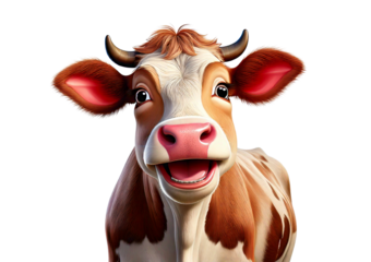 Smiling, playful cartoon cow isolated on transparent or white background