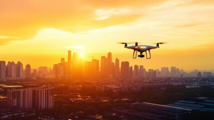 Drone flying over a city skyline at sunset, urban environment with buildings in the distance, Futuristic style