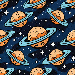 Seamless pattern with space for text featuring moon, food, fruits, vegetables, sea, fish, and summer elements in a cute and colorful design