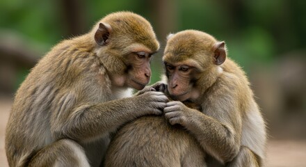 Fototapeta premium Two Monkeys Grooming Each Other in Nature