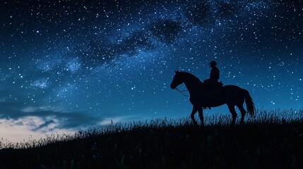 Night sky, cowboy horseback, plains, stars. Use Western, adventure