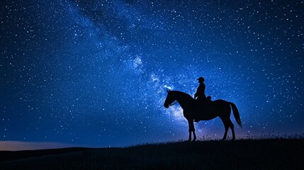 Night sky, Milky Way, horseback rider, silhouette, peaceful landscape, travel poster