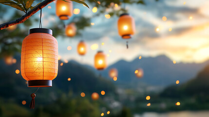 Obraz premium Lantern festival celebration scenic mountains stunning photography tranquil evening captivating viewpoint cultural extravaganza