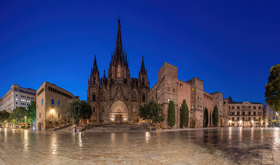 Panorama of the Barcelona Cathedral with no people during blue hour