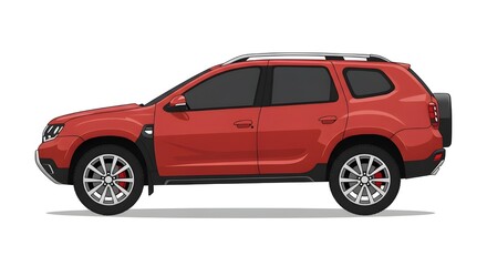 Fototapeta premium A vector illustration of a modern red SUV in a side view, featuring sleek design, tinted windows, and silver alloy wheels. Perfect for automotive concepts, transportation themes, and digital artwort.