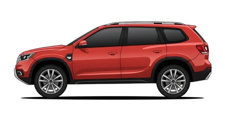Fototapeta premium A vector illustration of a modern red SUV in a side view, featuring sleek design, tinted windows, and silver alloy wheels. Perfect for automotive concepts, transportation themes, and digital artwort.