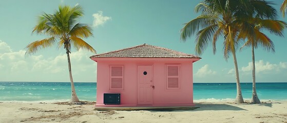 Pink beach house with palm trees.