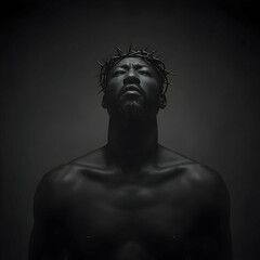 Dramatic Black And White Portrait Of A Man With Crown Looking Up In Studio