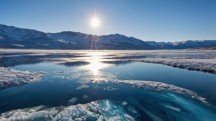 Frozen Lake Landscape with Snow Covered Mountains and Bright Sunlight