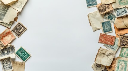 A collection of vintage postage stamps on a white background, with space for text. picture