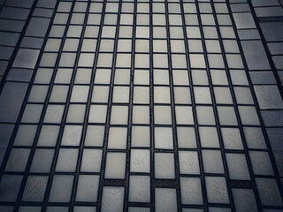 Grid Pattern Building Facade, Rectangular Tiles, Modern Architecture Texture, Geometric Design, Perspective View.
