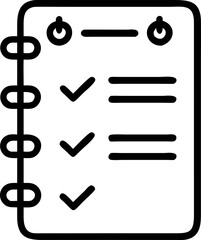 simple black and white illustration of checklist on spiral bound notebook. notebook features three checkmarks and lines indicating text or tasks. design is minimalistic and clear