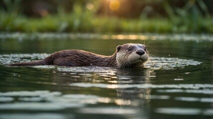 Otter Swimming in Water at Sunset Creates Serene Wildlife Scene