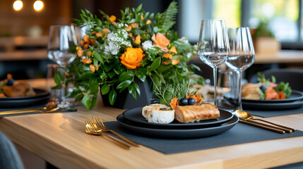 Fototapeta premium Elegant contemporary table setup featuring bold black plates indoor dining space food presentation modern atmosphere aesthetic viewpoint