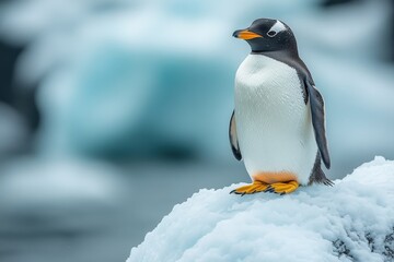 Fototapeta premium Solitary Penguin on Icy Cliff in a Stunning Frozen Landscape With Gentle Waves and Soft Colors Under a Cloudy Sky
