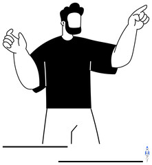 Man with beard in oversized black shirt raising both hands with expressive gesture. Ideal for leadership, communication, presentation, decision-making, teaching, teamwork, confidence. Flat simple