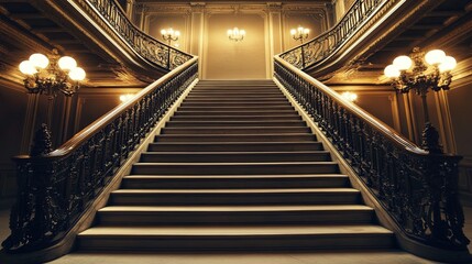 Obraz premium A clean photo of a symmetrical staircase with sleek metal railings and soft lighting. picture