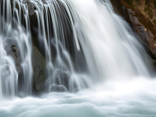 Obraz premium Tranquil Waterfall Close-up Flowing Water, Rocks, Nature Scenery, Water Stream, Rapids, Cascading, Outdoors.