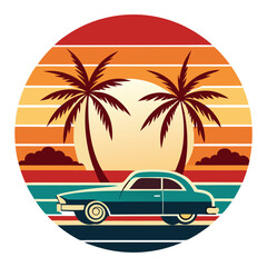 Vintage Coastal Dream: A vibrant illustration captures a retro car set against a tropical sunset, with palm trees and stylized layers, evoking a sense of travel and nostalgia. 