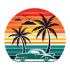 Vintage Tropical Escape: A vibrant illustration of a classic car parked beneath swaying palm trees against a backdrop of a colorful sunset sky, evoking feelings of relaxation and adventure.