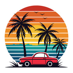 Retro Summer Getaway: An iconic vintage car parked by the beach under a beautiful sunset, with palm trees and ocean, it embodies nostalgia and summer fun. 