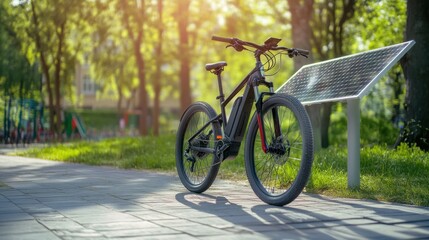 Fototapeta premium Electric bike charging at a sustainable energy station in a city park, green urban park with solar-powered charging stations, Eco-tech style