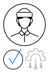 Person with VR headset, checkmark, teamwork under gear icon. Ideal for technology, innovation, collaboration, project management, workflow optimization leadership decision-making. Flat simple