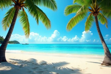 Warm sandy beach with swaying palm trees and turquoise waters , beach, serene, trees