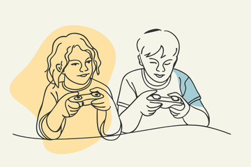Vector Art of Two Kids Enjoying Video Games