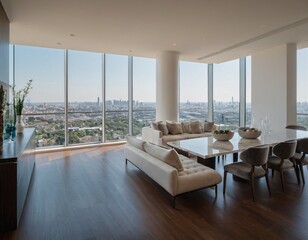 Modern urban apartment interior with sleek design, large windows, and city skyline views, showcasing minimalist furniture and neutral tones, highlighting the latest trends in luxury real estate.