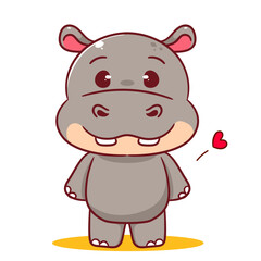 Cute Hippo standing front view cartoon character. Adorable kawaii animals concept design. Mascot Logo sticker vector illustration.