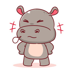 Cute annoyed Hippo cartoon character. Adorable kawaii animals concept design. Mascot Logo sticker vector illustration.