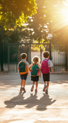 Rear view of three happy children with backpacks walking towards school entrance, back to school concept. 