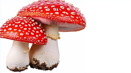 Obraz premium Two Red Mushrooms with White Spots on White Background