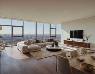 Fototapeta premium Modern urban apartment interior with sleek design, large windows, and city skyline views, showcasing minimalist furniture and neutral tones, highlighting the latest trends in luxury real estate.