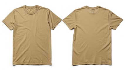 A tan-colored t-shirt, front and back view, white background, mockup template. Tan men's classic t-shirt