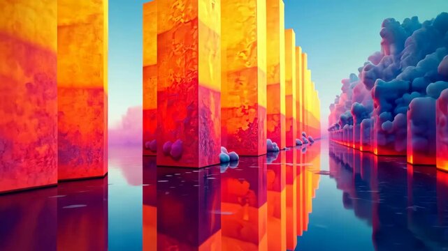 Glowing Rectangular Prisms Reflect in a Pool of Water with Colorful Blobs