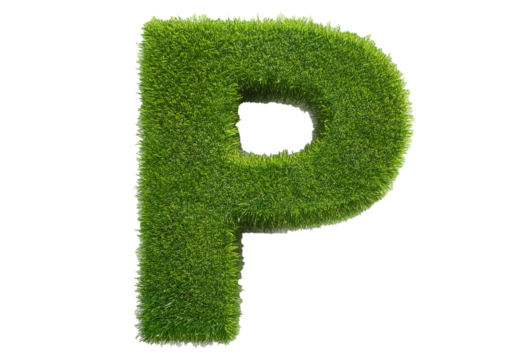 Grass font 3d rendering letter P isolated on a transparent or white background